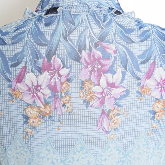 vintage 80s dress blue floral border print secretary belted pleated midi L - Picture 12 of 13